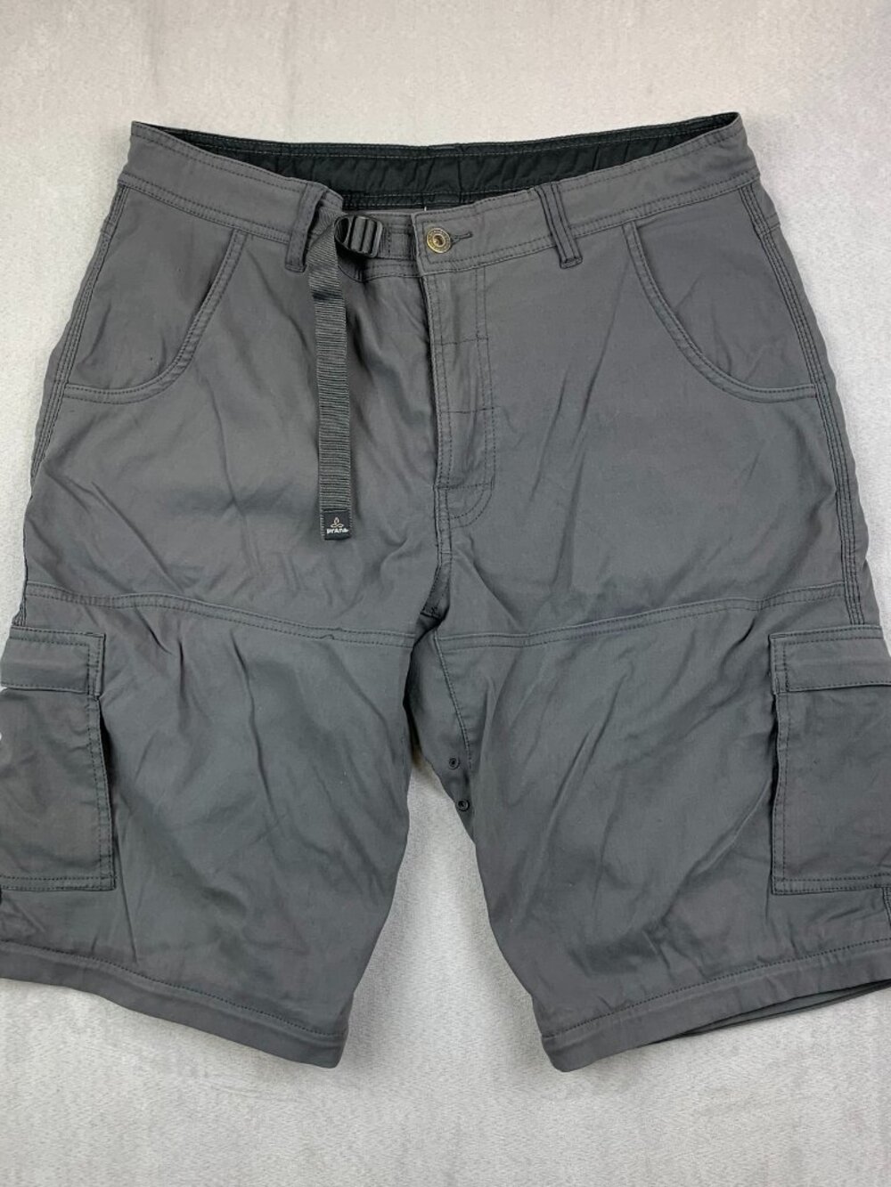 Prana Mens Shorts Large Gray Cargo Zion Belted 12" Inseam Outdoor Hiking UPF